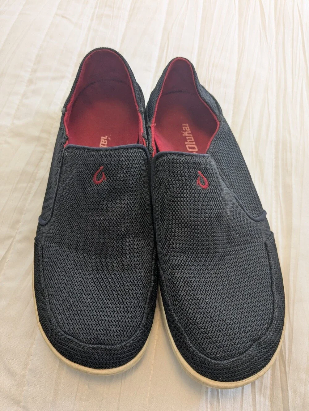 OluKai Men's Black Slip-On Loafers with Red Lining